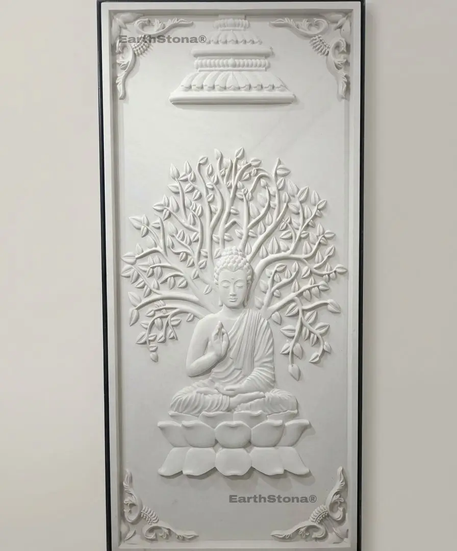 Meditative Lord Buddha sitting under Bodhi Tree on Lotus Base 3D Wall Relief Mural